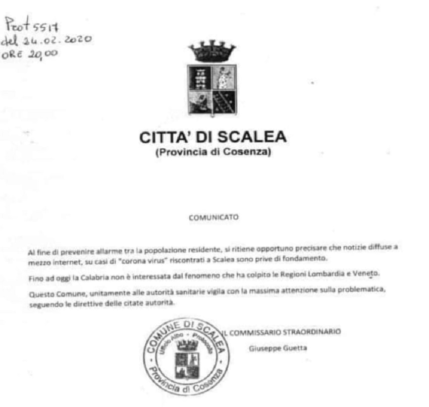 smentita commissario Scalea su Cov19